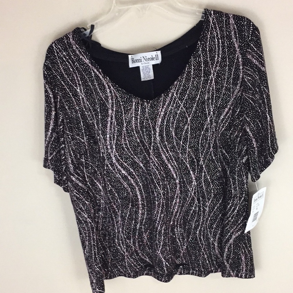 Ronni Nicole II Sparkling Black and Pink Evening Top Size 1X NWT